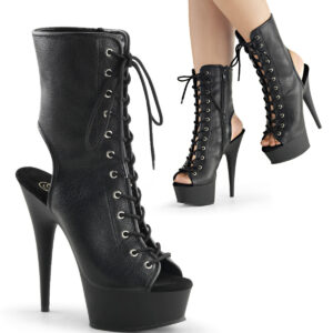 Zehenfreie Peep Toe Plateau Stiefelette mit Schnürung von Pleaser mit15 cm Absatz und 4 cm Plateau in schwarz Kunstleder.