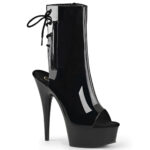 Offene zehenfreie Peep Toe Plateau Stiefelette mit Schnürung hinten von Pleaser mit 15 cm Absatz in schwarz Lack.