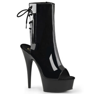Offene zehenfreie Peep Toe Plateau Stiefelette mit Schnürung hinten von Pleaser mit 15 cm Absatz in schwarz Lack.