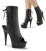 Offene zehenfreie Peep Toe Plateau Stiefelette mit Schnürung hinten von Pleaser mit 15 cm Absatz in schwarz Kunstleder PU.