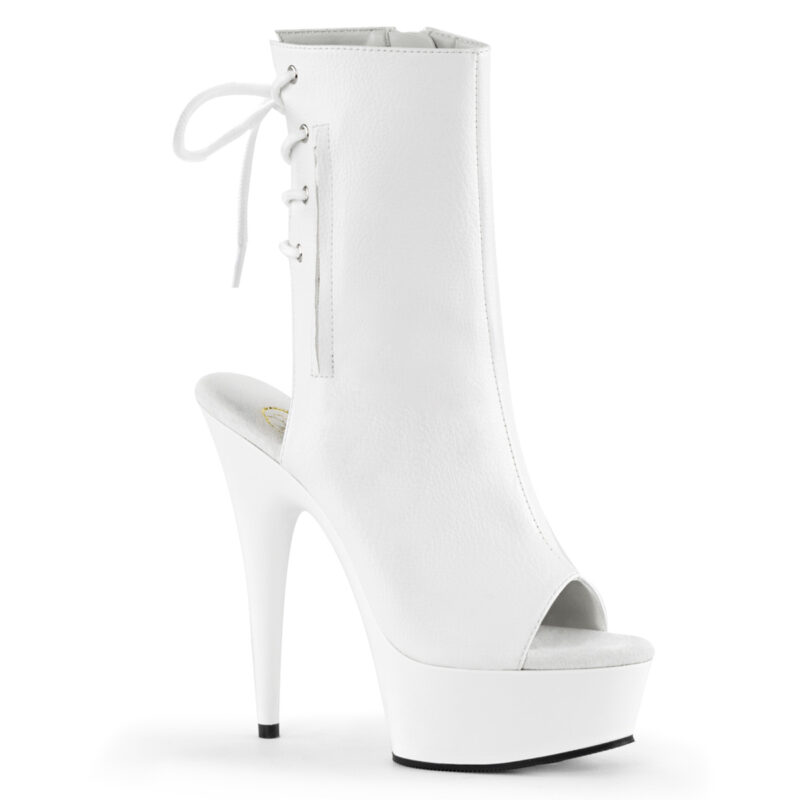 Offene zehenfreie Peep Toe Plateau Stiefelette mit Schnürung hinten von Pleaser mit 15 cm Absatz in weiss Kunstleder PU.