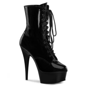 Plateau Stiefelette mit Schnürung und seitlichem Reißverschluss von Pleaser mit 15 cm Absatz in schwarz Lack.