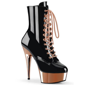 DELIGHT-1020 Plateau Stiefelette schwarz Lack mit Schnürung und Reißverschluss von Pleaser mit 15 cm Absatz und 4,5 cm hohem rose gold Chrom Plateau.