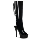 Zehenfreier offener Plateaustiefel mit Schnürung hinten in schwarz Lack, 15 cm Absatz und 4,5 cm Plateau.