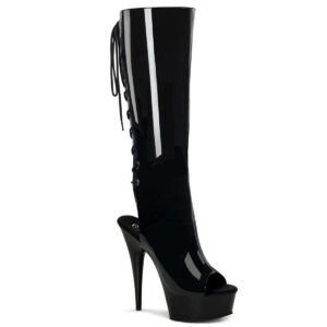 Zehenfreier offener Plateaustiefel mit Schnürung hinten in schwarz Lack, 15 cm Absatz und 4,5 cm Plateau.