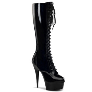 Schwarzer Stretchlack Kniestiefel mit Schnürung, 15 cm Absatz und 4,5 cm Plateau.
