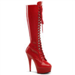 Kniestiefel DELIGHT-2023 mit Schnürung in rotem Stretchlack von Pleaser USA, 15 cm High Heel Absatz und 4,5 cm Plateau, sowie zusätzlichem Reißverschluss innen.