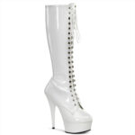 Kniestiefel DELIGHT-2023 mit Schnürung in weissem Stretchlack von Pleaser USA, 15 cm High Heel Absatz und 4,5 cm Plateau, sowie zusätzlichem Reißverschluss innen.