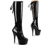 Schwarzer Stretchlack Kniestiefel mit Schnürung hinten, 15 cm Absatz und 4,5 cm Plateau.