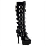 Kniestiefel DELIGHT-2049 mit Schnallen und 4,5 cm Plateau in schwarz Lack von Pleaser USA, 15 cm High Heel Absatz und Reißverschluss innen.