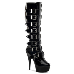 Kniestiefel DELIGHT-2049 mit Schnallen und 4,5 cm Plateau in schwarz Lack von Pleaser USA, 15 cm High Heel Absatz und Reißverschluss innen.