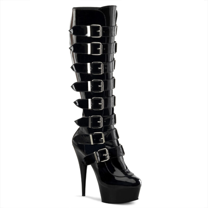 Kniestiefel DELIGHT-2049 mit Schnallen und 4,5 cm Plateau in schwarz Lack von Pleaser USA, 15 cm High Heel Absatz und Reißverschluss innen.