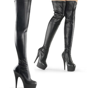 DELIGHT-3000 Schwarze Overknee Plateau Stiefel in Stretchkunstleder von Pleaser mit 15 cm Absatz und 4,5 cm Plateau.