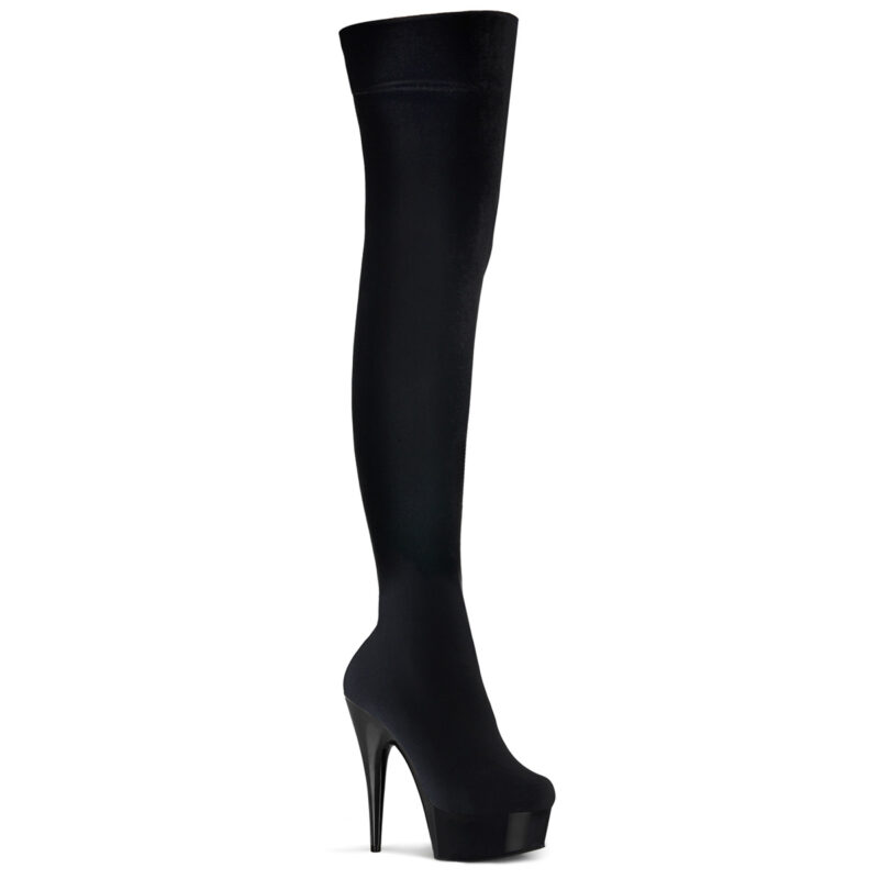 DELIGHT-3002 Overknee Stiefel mit Plateau in schwarzem Stretchsamt von Pleaser USA mit 15 cm Absatz und 4,5 cm Plateau.