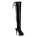 DELIGHT-3017 Overknee Plateau Stiefel in schwarzem Stretchlack mit Schnürung hinten und offenem Fersen-und Zehenbereich von Pleaser mit 15 cm Absatz und 4,5 cm Plateau.