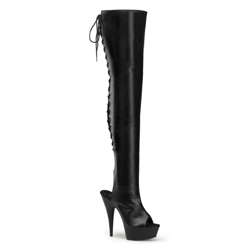 DELIGHT-3017 Overknee Plateau Stiefel in schwarz Stretchkunstleder mit Schnürung hinten und offenem Fersen-und Zehenbereich von Pleaser mit 15 cm Absatz und 4,5 cm Plateau.