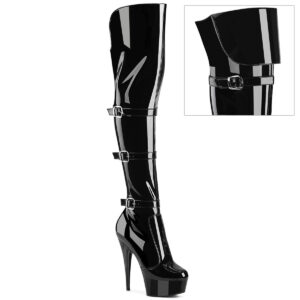 DELIGHT-3018 Schwarze Overknee Plateau Stiefel in Stretchlack mit 3 Schnallen von Pleaser mit 15 cm Absatz und 4,5 cm Plateau.