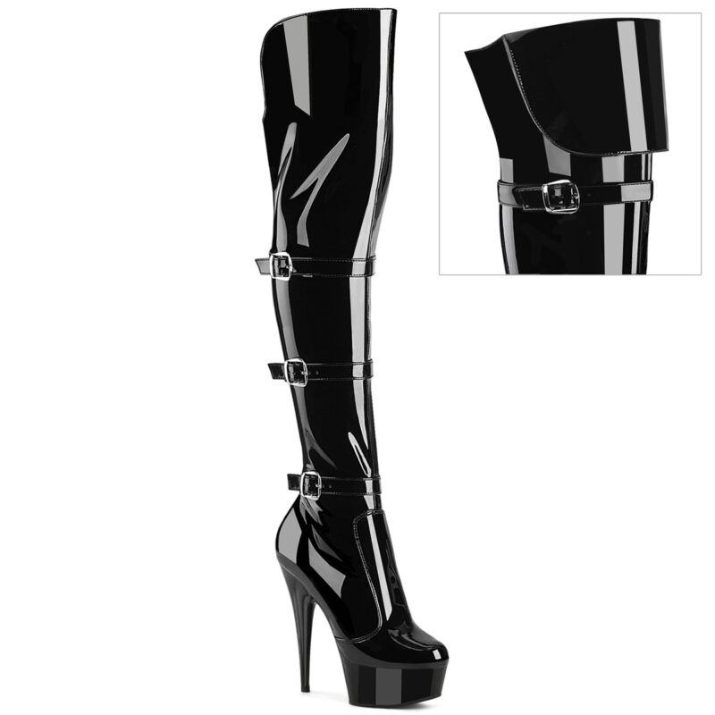 DELIGHT-3018 Schwarze Overknee Plateau Stiefel in Stretchlack mit 3 Schnallen von Pleaser mit 15 cm Absatz und 4,5 cm Plateau.