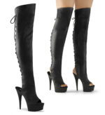 DELIGHT-3019 Overknee Plateau Stiefel in schwarz Kunstleder mit Schnürung hinten und offenem Fersen-und Zehenbereich von Pleaser, 15 cm Absatz, 4,5 cm Plateau.