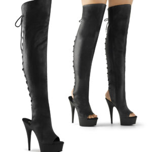 DELIGHT-3019 Overknee Plateau Stiefel in schwarz Kunstleder mit Schnürung hinten und offenem Fersen-und Zehenbereich von Pleaser, 15 cm Absatz, 4,5 cm Plateau.