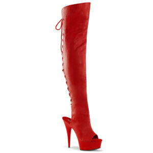 DELIGHT-3019 Overknee Plateau Stiefel rot Kunstleder mit Schnürung hinten und offenem Fersen-und Zehenbereich von Pleaser mit 15 cm Absatz und 4,5 cm Plateau.