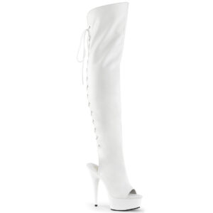 DELIGHT-3019 Overknee Plateau Stiefel weiß Kunstleder mit Schnürung hinten und offenem Fersen-und Zehenbereich von Pleaser mit 15 cm Absatz und 4,5 cm Plateau.