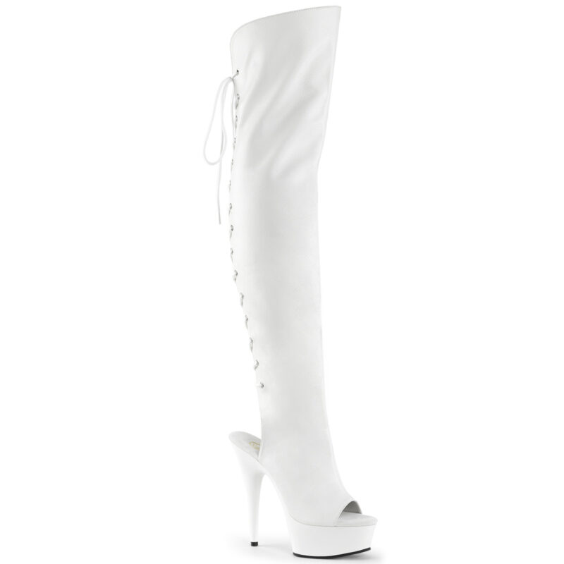 DELIGHT-3019 Overknee Plateau Stiefel weiß Kunstleder mit Schnürung hinten und offenem Fersen-und Zehenbereich von Pleaser mit 15 cm Absatz und 4,5 cm Plateau.