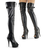 DELIGHT-3025 Peep Toe Overknee Plateau Stiefel in schwarz Stretchkunstleder mit Schnürung und Reißverschluss hinten von Pleaser, 15 cm Absatz, 4,5 cm Plateau.