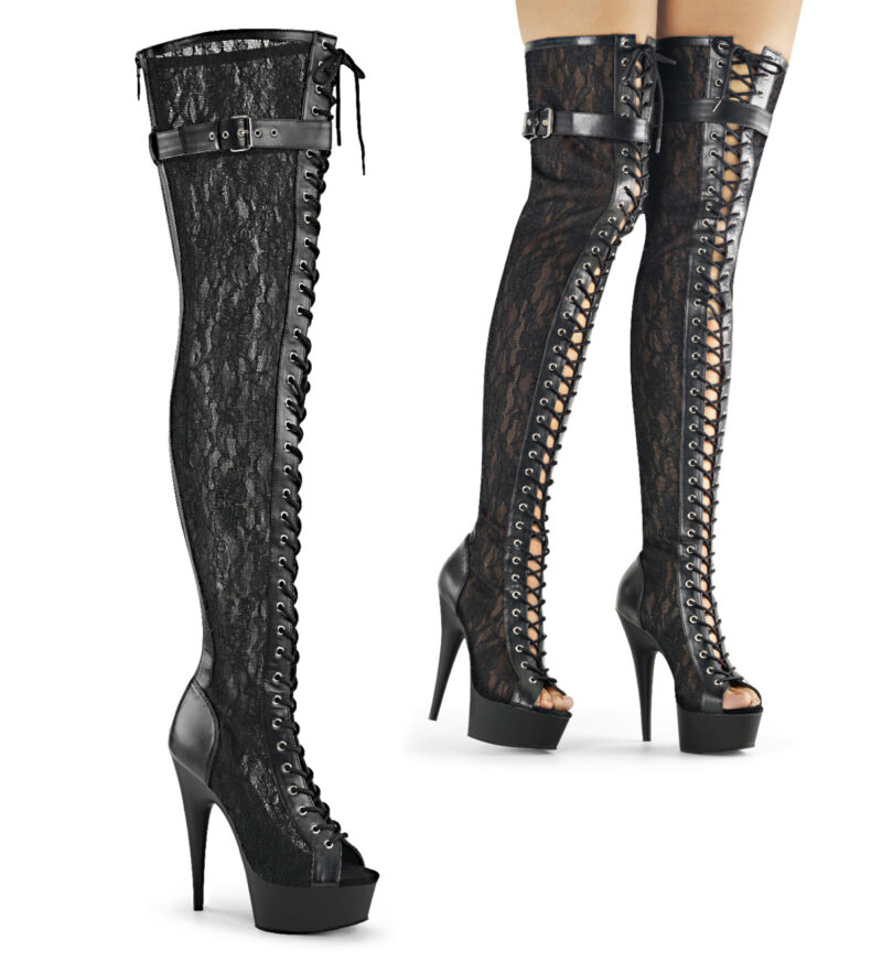 DELIGHT-3025 Peep Toe Overknee Plateau Stiefel in schwarz Stretchkunstleder mit Spitze kombiniert, mit Schnürung und Reißverschluss hinten von Pleaser, 15 cm Absatz, 4,5 cm Plateau.