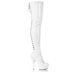 DELIGHT-3063 High Heel Overknee Plateau Stiefel in weißem Stretchlack mit Schnürung hinten und Reißverschluss, sowie 15 cm Absatz und 4,5 cm Plateau.