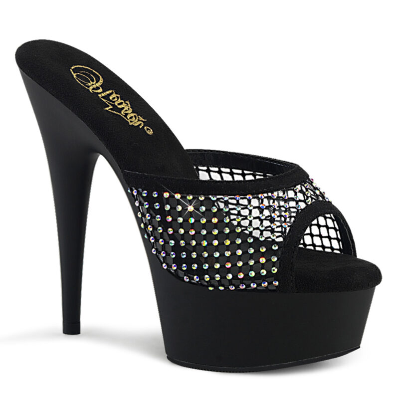 Plateau Pantolette mit Strass von Pleaser, 15 cm High Heel Absatz, 4,5 cm Plateau. Das durchsichtige Obermaterial ist mit strassbesetztem Mesh-Stoff bezogen.