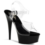 High Heels Riemchen Sandalette durchsichtig mit schwarzem Plateau von Pleaser USA, 15 cm Absatz, 4,5 cm Plateau, weichgepolsterte Innensohle aus Leder.