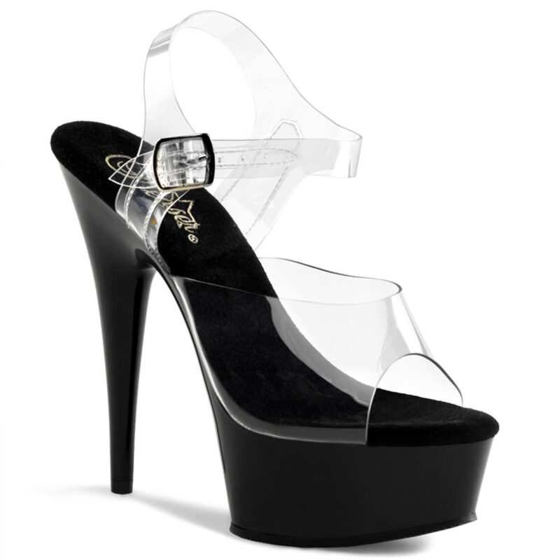 High Heels Riemchen Sandalette durchsichtig mit schwarzem Plateau von Pleaser USA, 15 cm Absatz, 4,5 cm Plateau, weichgepolsterte Innensohle aus Leder.