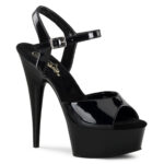 High Heels Riemchen Sandalette mit Plateau in schwarz Lack von Pleaser USA, 15 cm Absatz, 4,5 cm Plateau, weichgepolsterte Innensohle aus Leder.