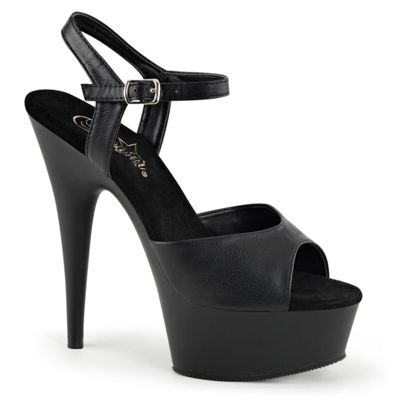 High Heels Riemchen Sandalette mit Plateau in schwarz Kunstleder von Pleaser USA, 15 cm Absatz, 4,5 cm Plateau, weichgepolsterte Innensohle aus Leder.