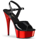 High Heels Riemchen Sandalette mit rot verchromtem Plateau in schwarz Lack von Pleaser USA, 15 cm Absatz, 4,5 cm Plateau, weichgepolsterte Innensohle aus Leder.