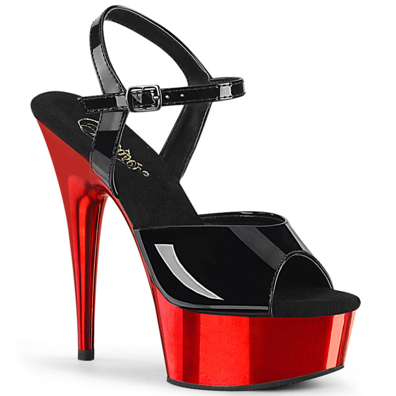 High Heels Riemchen Sandalette mit rot verchromtem Plateau in schwarz Lack von Pleaser USA, 15 cm Absatz, 4,5 cm Plateau, weichgepolsterte Innensohle aus Leder.