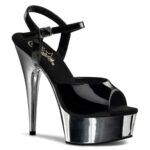High Heels Riemchen Sandalette mit silber verchromtem Plateau in schwarz Lack von Pleaser USA, 15 cm Absatz, 4,5 cm Plateau, weichgepolsterte Innensohle aus Leder.