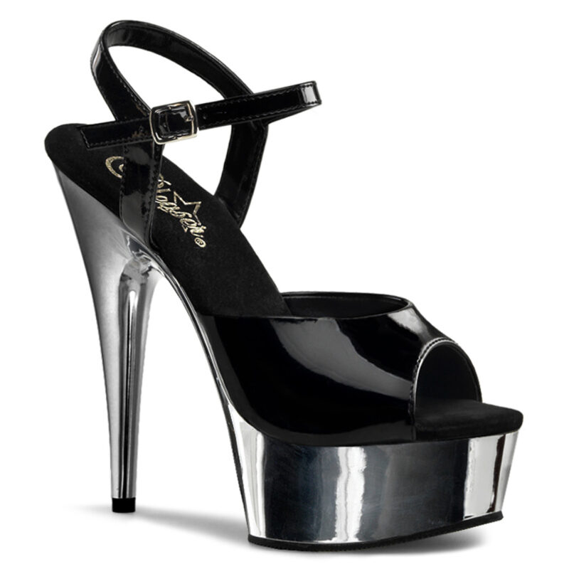 High Heels Riemchen Sandalette mit silber verchromtem Plateau in schwarz Lack von Pleaser USA, 15 cm Absatz, 4,5 cm Plateau, weichgepolsterte Innensohle aus Leder.