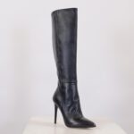 Eleganter italienischer High-Heels Nappa-Leder Kniestiefel mit lackiertem Absatz, Lederfutter, Reißverschluss von Miceli-Made in Italy.