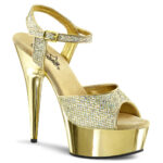 Multi Glitter Riemchen Sandalette in gold mit goldfarbenem Chrom-Plateau, 15 cm Absatz und 4,5 cm Plateau von Pleaser.