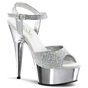 Multi Glitter Riemchen Sandalette in silber mit silberfarbenem Chrom-Plateau, 15 cm Absatz und 4,5 cm Plateau von Pleaser.