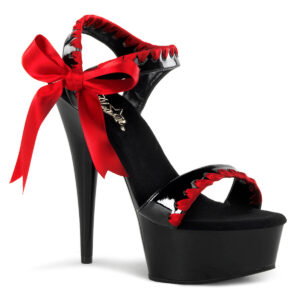 Plateau Sandalette schwarz-rot Lack mit seitlicher roter Satinschleife und 15 cm Absatz, 4,5 cm Plateau von Pleaser.