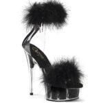 Plateau Sandalette mit schwarzen Marabufedern auf dem Vorderblatt und am Fesselriemchen von Pleaser USA, 15 cm Absatz, 4,5 cm Plateau und Lederinnensohle.