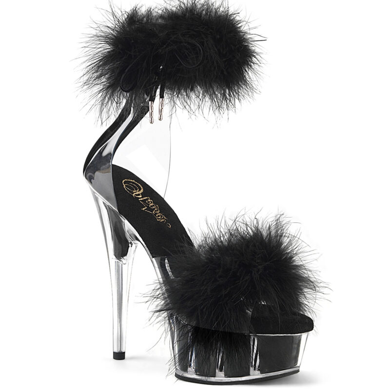 Plateau Sandalette mit schwarzen Marabufedern auf dem Vorderblatt und am Fesselriemchen von Pleaser USA, 15 cm Absatz, 4,5 cm Plateau und Lederinnensohle.