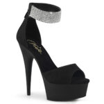 Velour Sandalette mit geschlossener Ferse und breitem, mit Strass besetztem Fesselriemchen von Pleaser USA, 15 cm Absatz, 4,5 cm Plateau und weicher Lederinnensohle.