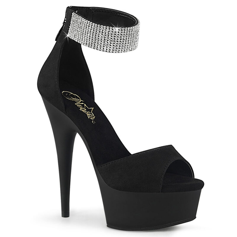 Velour Sandalette mit geschlossener Ferse und breitem, mit Strass besetztem Fesselriemchen von Pleaser USA, 15 cm Absatz, 4,5 cm Plateau und weicher Lederinnensohle.