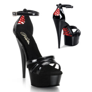 High Heels Plateau Riemchen Sandalette DELIGHT-662 schwarz Lack mit roter Zierschnürung an der Ferse und unter dem Plateau von Pleaser USA, mit 15 cm Absatz, 4,5 cm Plateau sowie einer weichgepolsterten Lederinnensohle.