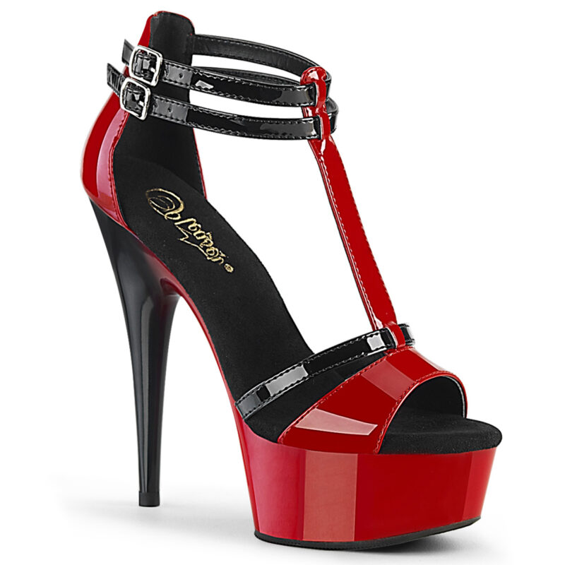Zweifarbige DELIGHT-663 T-Strap Riemchen Sandalette schwarz-rot von Pleaser, 15 cm Absatz, 4,5 cm Plateau.