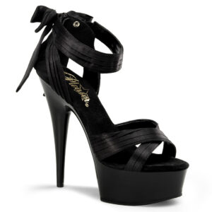 Schwarze Satin Plateau Sandalette mit breitem Fesselriemchen und Reißverschluss hinten mit 15 cm Absatz, 4,5 cm Plateau von Pleaser, Obermaterial Satin.